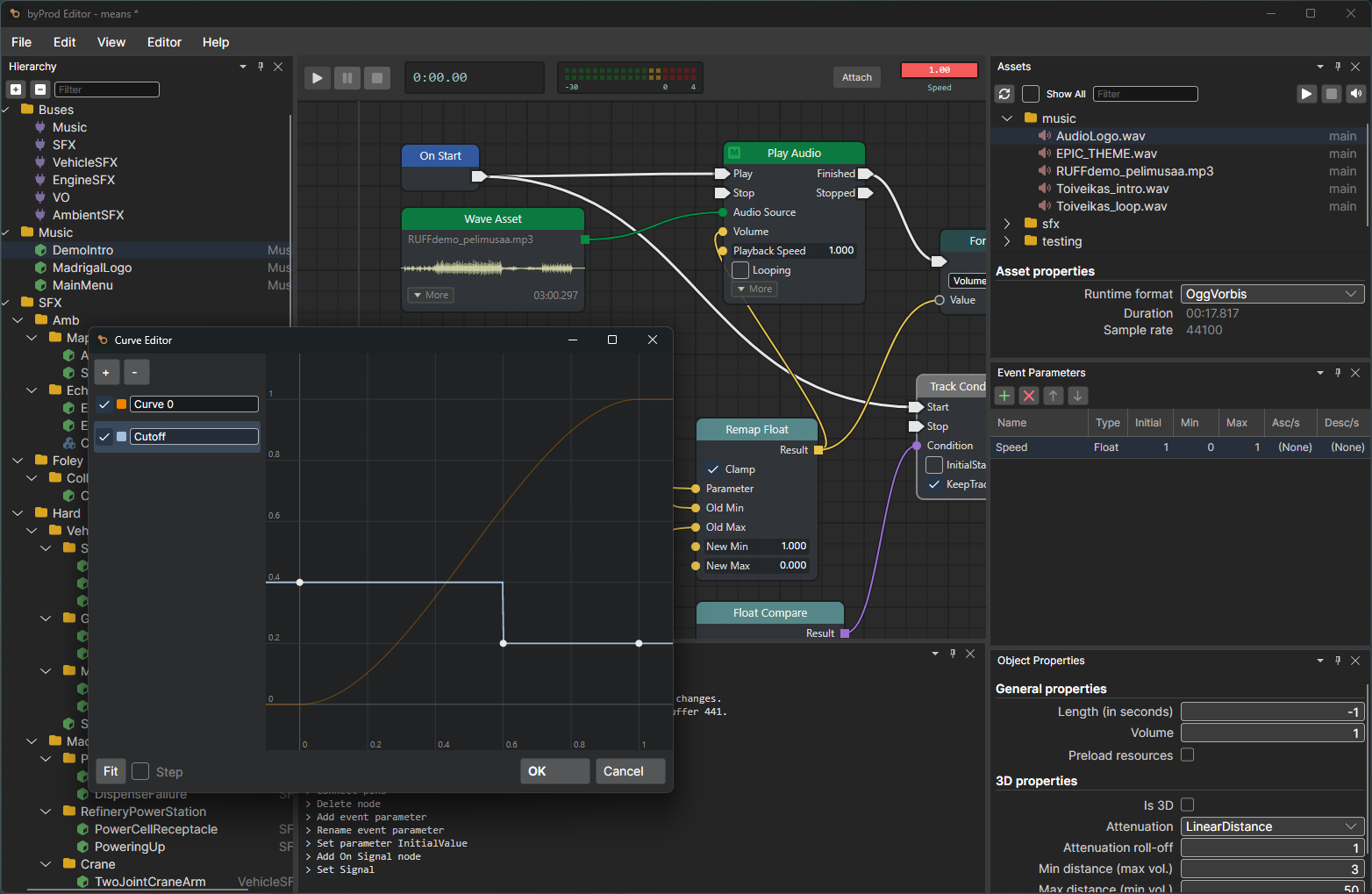 The byProd editor showing a sound event node graph